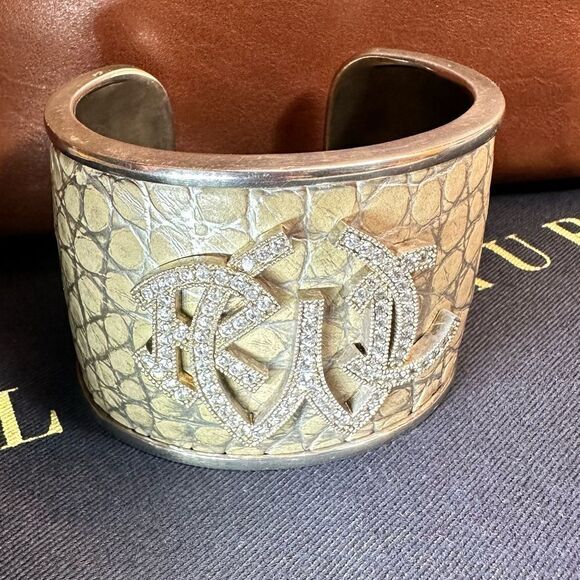 Ralph Lauren *Collection Crystal Monogram Sterling Taupe Alligator Cuff Bracelet - Picture 13 of 17
